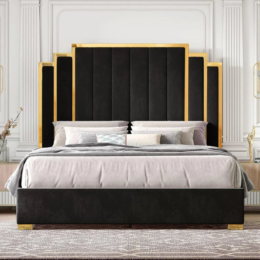 Bed Frame and Headboard, Upholstered Bed with Golden Plating Trim, Modern Platform Bed No Box Spring Needed