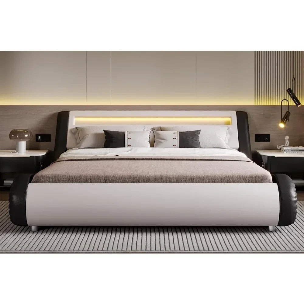 Bedroom bed LED extra large luxury padded bed frame with adjustable headboard - slim sled design, modern gray bedroom bed