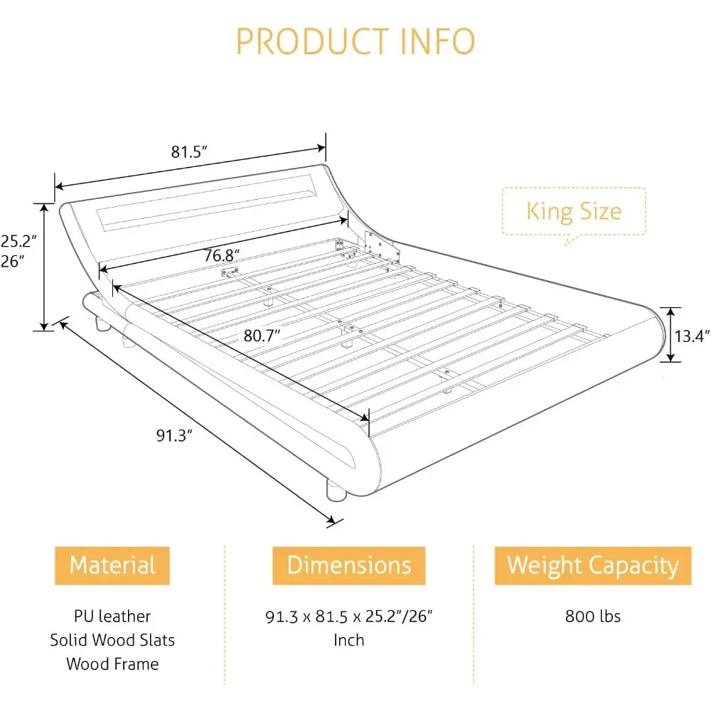 Bedroom bed LED extra large luxury padded bed frame with adjustable headboard - slim sled design, modern gray bedroom bed