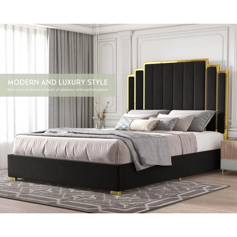 Bed Frame and Headboard, Upholstered Bed with Golden Plating Trim, Modern Platform Bed No Box Spring Needed