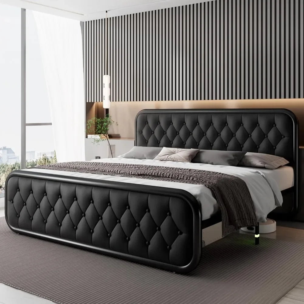 King Size Bed Frame Heavy Duty Bed Frame With Faux Leather Headboard Bedroom Furniture 12" Under-Bed Storage Black